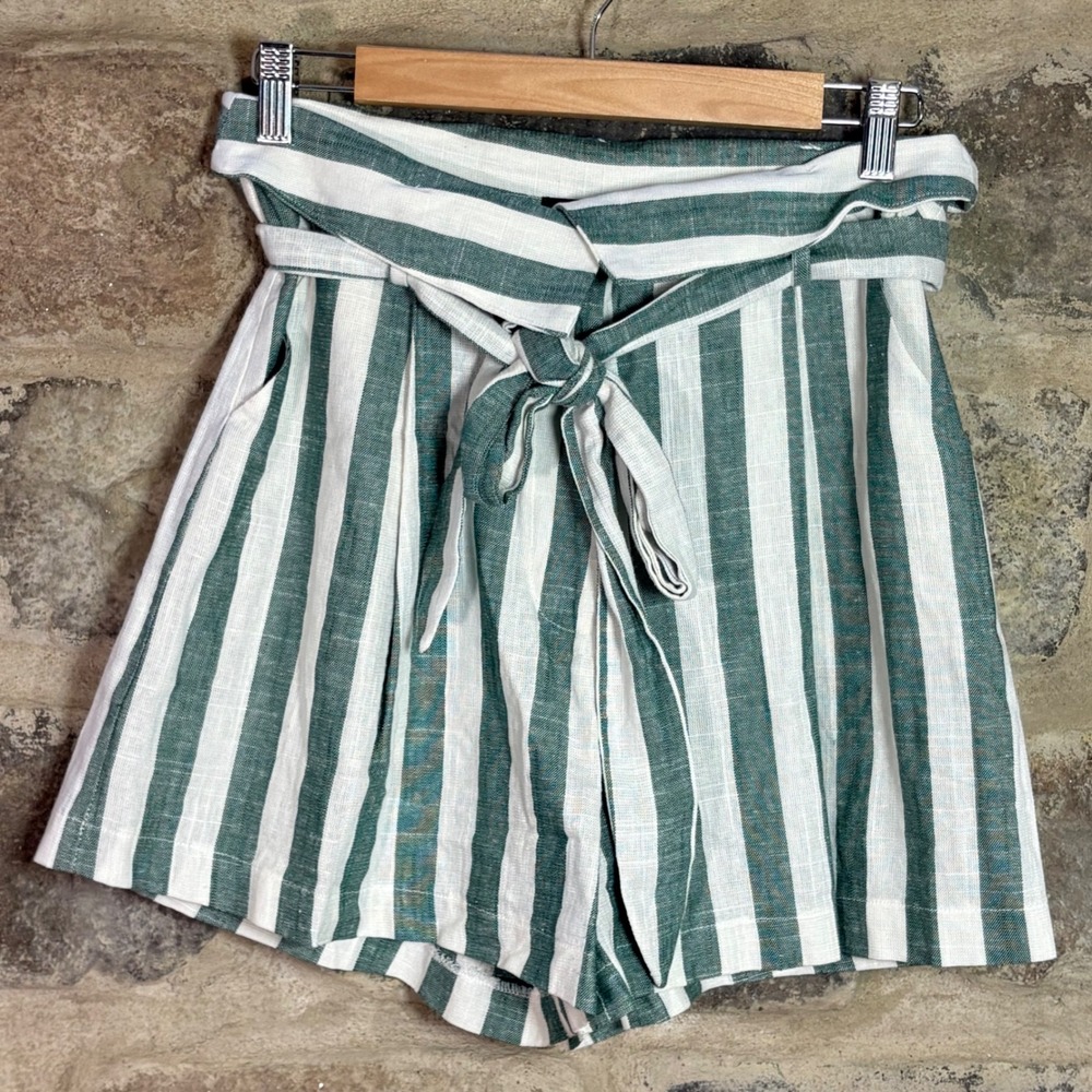 Lulus Green White Striped High Waist Paperbag Linen Cotton Shorts P1913 Womens M